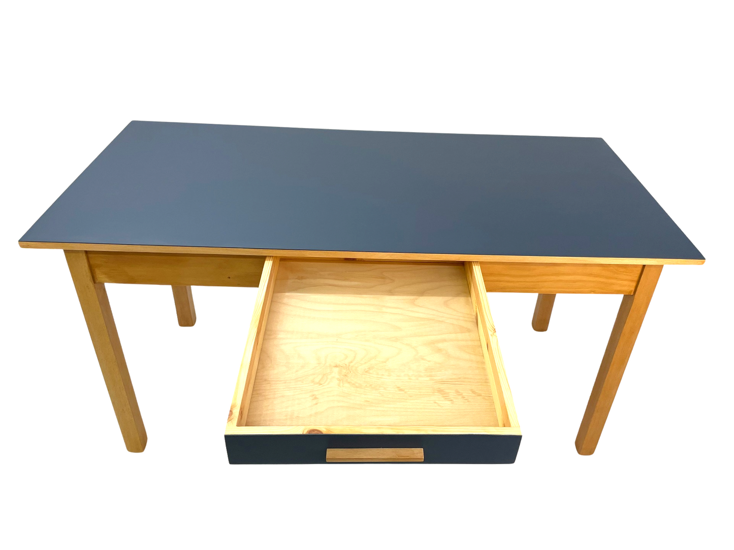 Linoleum Esstisch in blau mit Schublade aus Buche Frontansicht mit Schublade