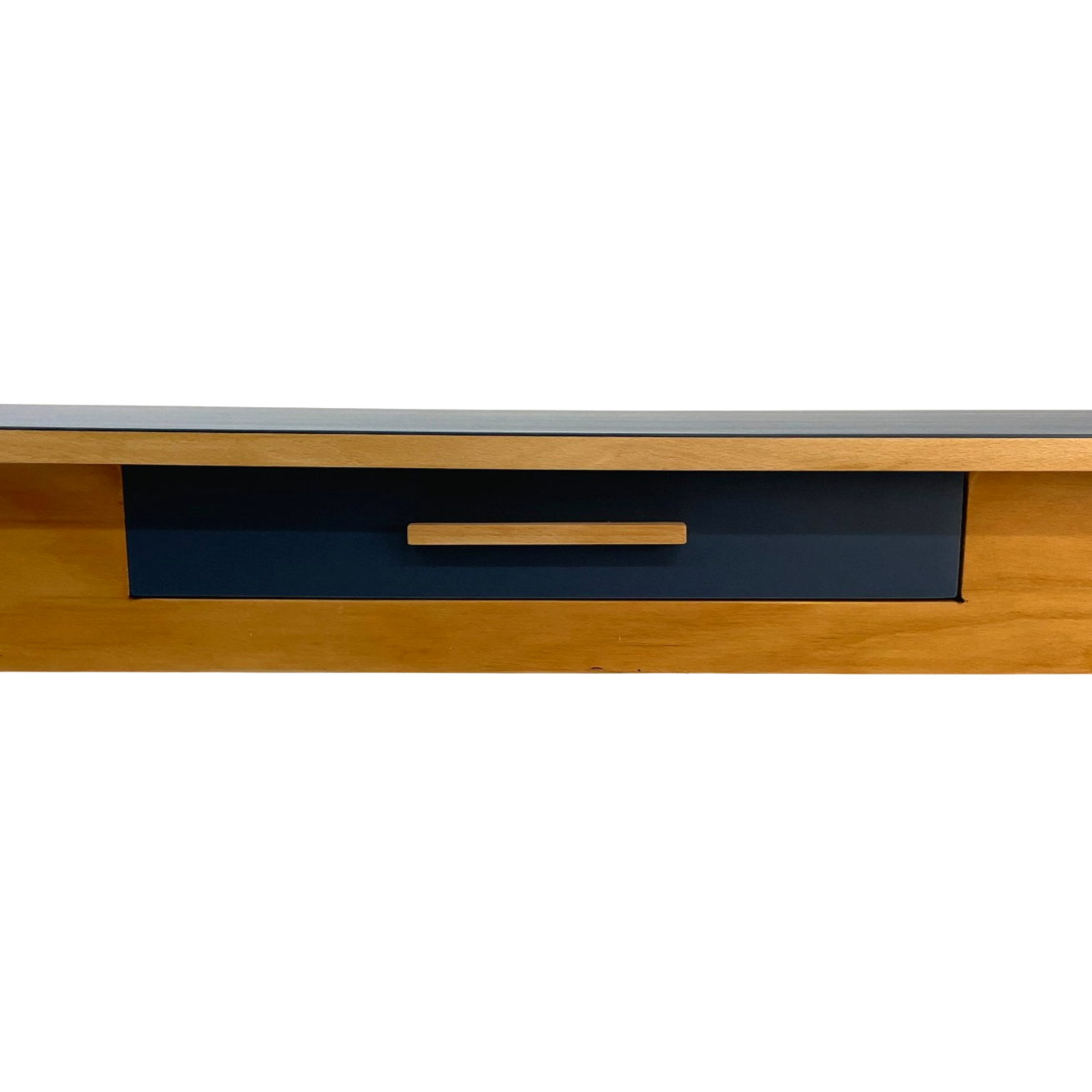 Linoleum Esstisch in blau mit Schublade aus Buche Detail Schublade