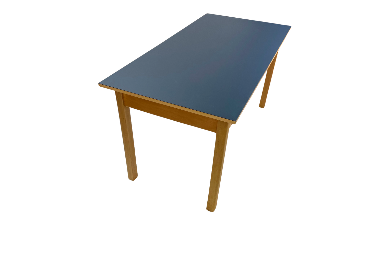 Linoleum Esstisch in blau mit Schublade aus Buche schräg oben